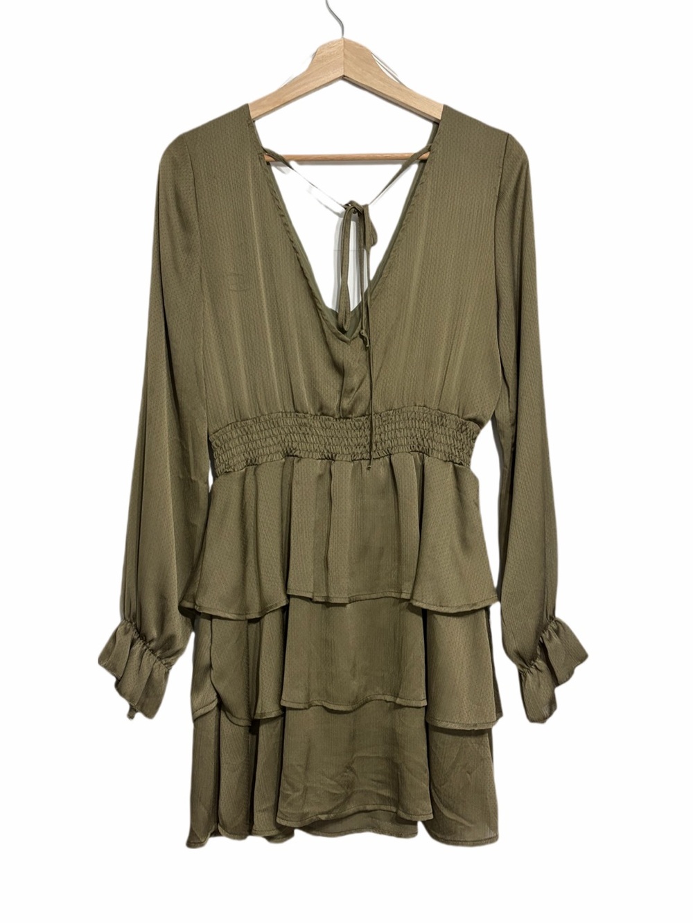 Altar’s State Tiered Ruffle Dress Long Sleeves Olive Green V-Neck Size Medium - Picture 4 of 12